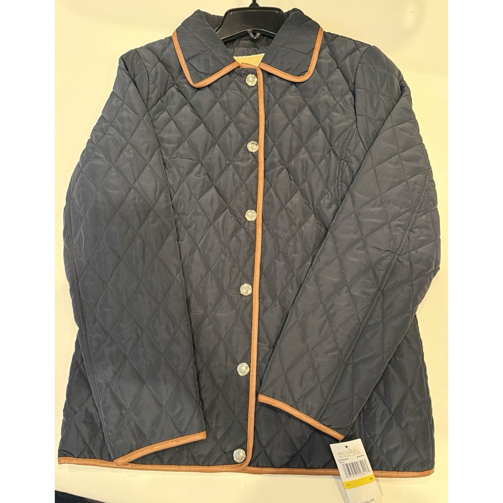 Michael Kors Puffer Jacket Women Medium Blue Brand New Quilted Tan Trim